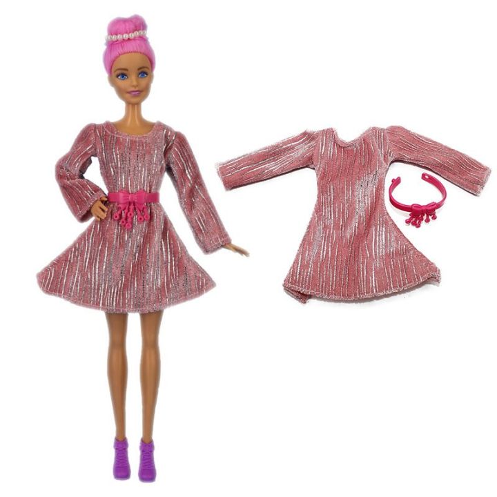 Pink Fashion Long Sleeve Glitter Dress For Barbie Doll Clothes