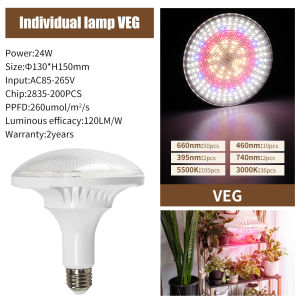 AC85-265V การเจริญเติบโตของพืชหลอด E27 Full Spectrum Plant Light เติมไฟโคมไฟ 24W หลอดไฟพืช