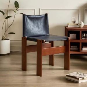 FFBH Vintage Dining Chairs Solid Wood PU Leather Single Person Ancient Monk Home Backrest Chairs Wabi-sabi Dining Room Furniture 9T1N6