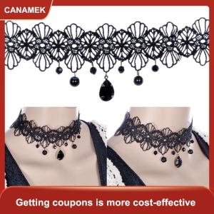 【CANAMEK 】 Fashion Gothic Black Lace Retro Choker Collar Flower Pendant Necklace Jewelry