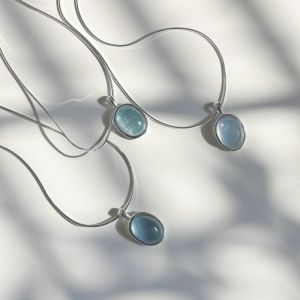 Dây chuyền đá Aquamarine tự nhiên nữ 925 Bạc ins Trang sức bạc dây xương rắn mặt giọt nước hình bầu dục phong cách tối giản độc đáo.