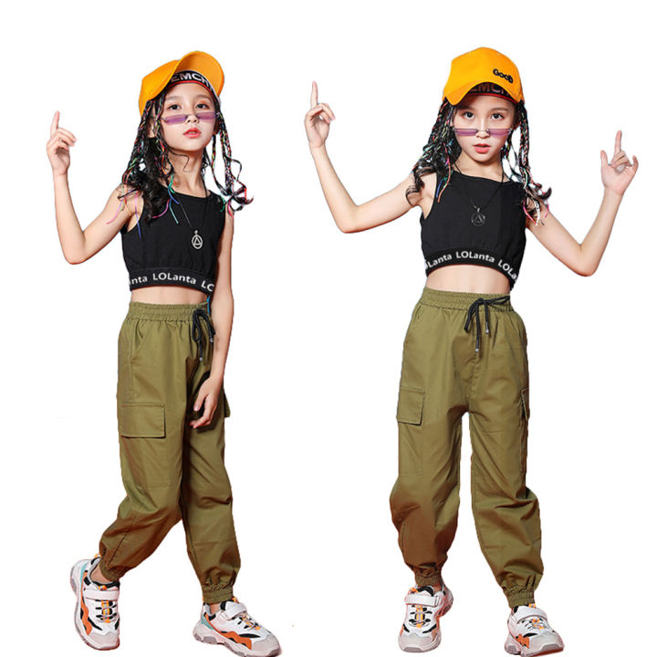 LOLANTA 4-16 Years Kids Girls Hip Hop Street Dance Clothes Crop Top Black  Vest Jogger Pants Costume Children's Rock Style Jazz Performance Wear