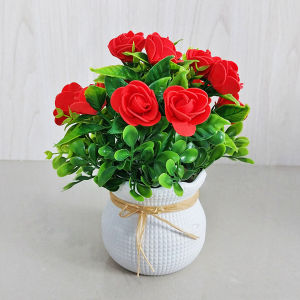 Wolf.id PBP164 Tanaman Hias Pot Bunga Mawar Plastik Ornamen Buatan Rose Flower Artificial BISA COD
