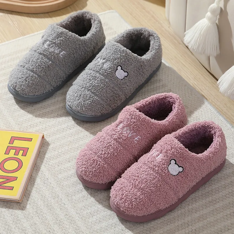 Bear Winter Warm Fur Cotton Slippers Women Sweet Home Shoes Men Simple  Non-slip Indoor Shoes