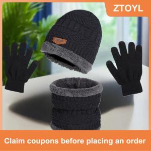 【ZTOYL】 3-Piece Winter Mens Hat Set Scarf Gloves And Neck Warmer All In One Fleece-Lined Knitted Hat