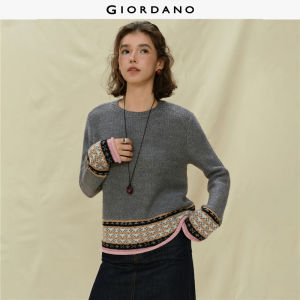 GIORDANO Women Sweaters Roll Edge Jacquard Sweaters Crewneck Soft Warm Fashionable Casual Loose Sweaters 18355825