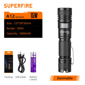 SUPERFIRE A12 Flashlight Chargeable 1000lm LED Torch Light Powerful Zoomable Hightlight Supports Type-C Camping Light