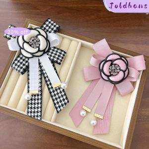 Joldhans Korean Fabric Bow Brooch Rhinestone Fashion Camellia Flower Lapel Pins Luxulry Wedding Party Badge Jewelry Gifts For Women