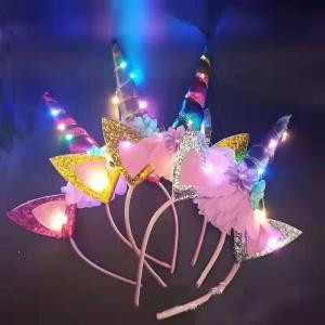 LED lit INS style Little Pony 3D unicorn with Pink mesh and Flowers Childrens birthday party head band accessories