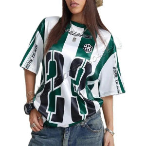 2025 New Womens Summer Rave Y2K Blockcore Game Day Athleisure Striped Number Pattern Athleisure Over Size Football Jersey T-Shirt Top