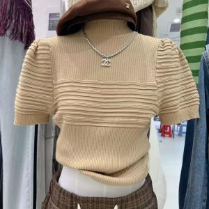 CORE Short Sleeved Knit Top Half High Neck Bubble Sleeves Top Chic Style Slim Fitting Top