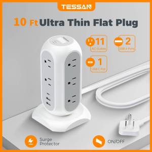 TESSAN 1050J Surge Protector Power Strip Tower 1.5 meter Ultra Thin Flat Plug Electrical Wire Extension Cord Heavy Duty with 3 USB Ports (1 USB C) 11 AC Outlets Socket for Home Office