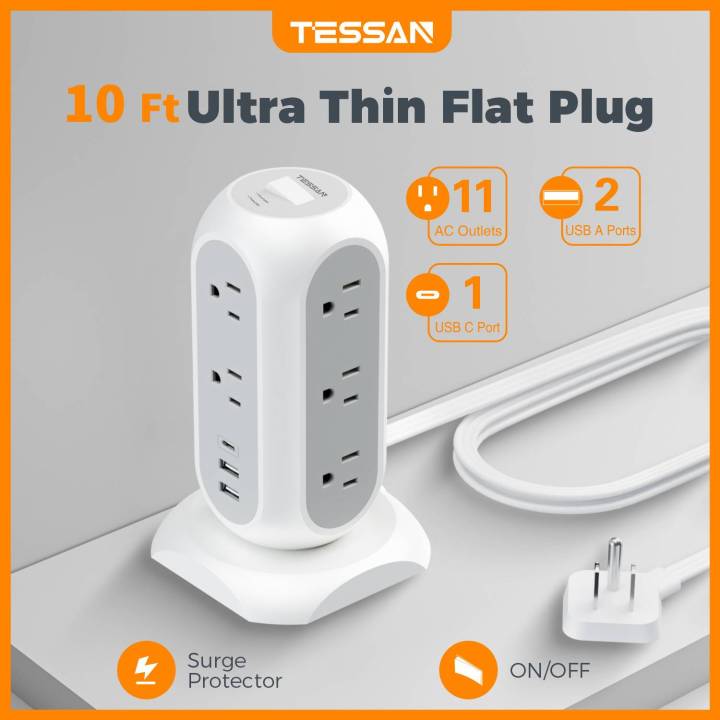 TESSAN 1050J Surge Protector Power Strip Tower 3 meter Ultra Thin Flat