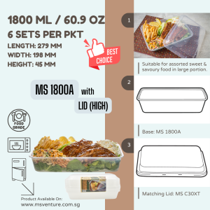 {MSV} Rectangle Microwavable Plastic Takeaway Containers (1430ml-4280ml) Anti Leak Durable BPA Free Reusable MS 1200A MS 1800A MS 3300A MS 4000A MS SQ4000