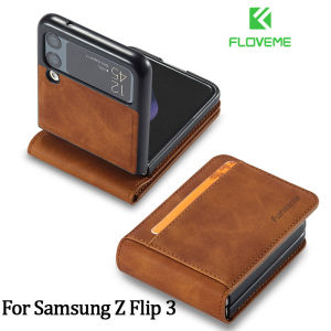 [With Card Slot] FLOVEME For Samsung Z Flip4 5G Flip3 Luxury Leather Wallet Case For Samsung Galaxy Z Flip 3 Cover Card Slot Business Phone Shell For Samsung Galaxy Z Flip 4 Case For Z Flip 3