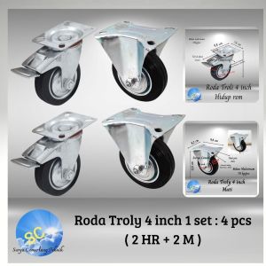 Roda troli Karet 4" inch troly kastor 1 Set 4pcs (2 HR + 2 M )
