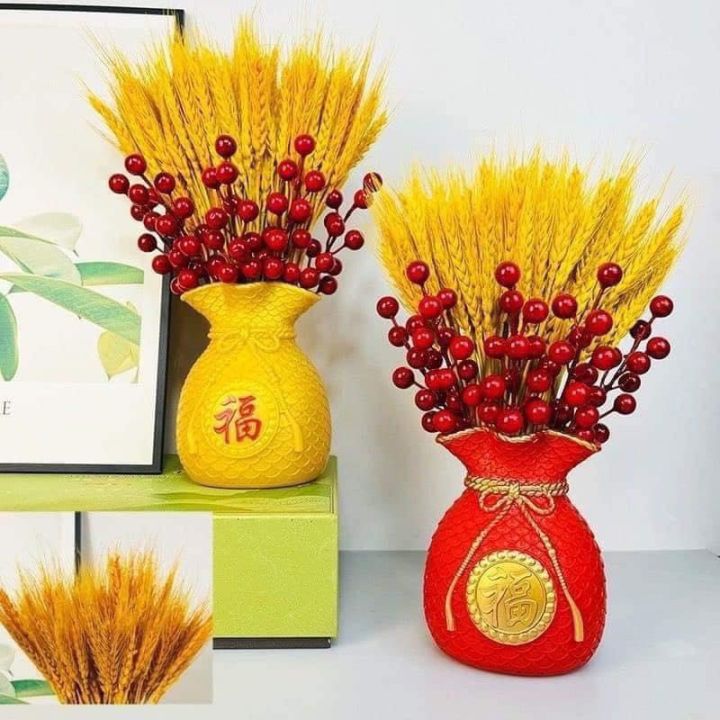 CÓ LẺ BÌNH VÀ LÚA) Set Bình Cắm Hoa Túi Tiền Kèm Cành Đào Đông Đỏ Và Lúa  Mạch - Lazada | Lazada.vn