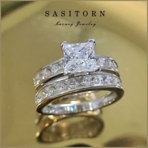 ♥️Sasitorn Jewelry แหวนเพชรคู่ ทรงเหลี่ยม 1 กะรัต เพชรเกรดดีที่สุดงานเทียบเพชรแท้​ สวยหรู ใส่ออกงาน ใส่สลับแท้ ให้ของขวัญ เงินแท้ชุบทองคำขาว ST090