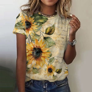[Local Stock] ZEEMIN New Sunflower T-Shirts Vintage Floral 3D Print Womens O-Neck Short Sleeves T Shirt Casual Y2k Harajuku Tees Top Female Clothing