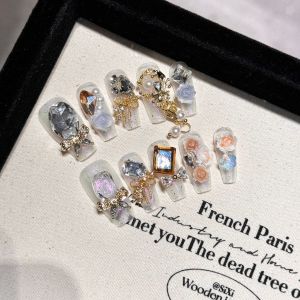 100% HANDMADE Artificial Nail Heavy Crystal Metal Chain Pendant Agate Stone Phototpy Fake Nail Patch Press on Nails Reusable With Free Glue