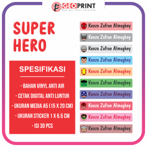 ISI 30 PCS STICKER PENSIL NAMA ANAK SEKOLAH ANTI AIR BAHAN VINYL UKURAN KERTAS A5 KARAKTER LUCU