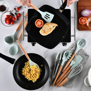 Teabelle 11Pcs Silicone Kitchen Cooking Utensils Natural Wood Handle Cooking Tools Turner Tongs Spatula Spoon with Organizer