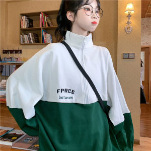Overzie Sweater ritsleting bordir gaya Korea plus beludru longgar lengan panjang blus wanita Atas