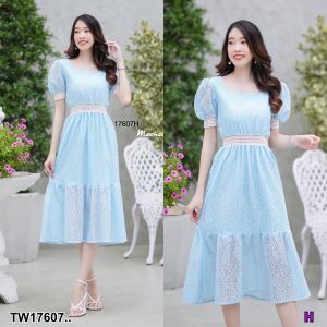 TW17607 เดรสยาวมินิมอล ผ้าลูกไม้ คอเหลียมแขนพอง