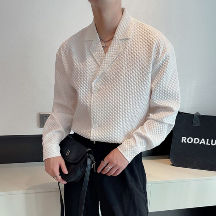 High Quality Waffle Men Shirt Long Sleeve Oversized Casual Shirt Large  Lapel Social Party Tuxedo Blouse Streetwear Men Clothing