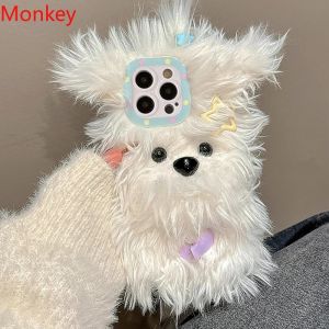 Cute Fluffy Plush Bow Puppy Furry Phone Cases For iPhone 17 Air 16 Pro Max 15 14 13 12 11 Winter Warm Fur Soft Cover