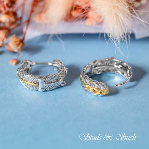 [Studs & Such] 925 Silver Two-Tone Feather Ear Huggie Hoop Earrings