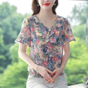 V neck Floral Chiffon Shirt Women Plus Size Short Sleeve Elegant Lace up Ruffle Flare Sleeve Tops Female Chiffon Blouse Fashion