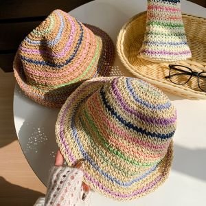 LIGHTER Womens Beach Straw Cap Handmade Summer Bucket Hat Ins Striped Rainbow Sun hat Outdoor
