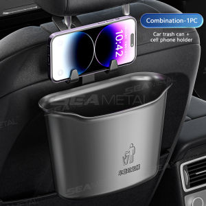 SEAMTAL Car Dustbin Box Car Trash Can Seat Back Hanging 1.6L Rubbish Bin Car Storage Organizer With Phone Holder Hooks