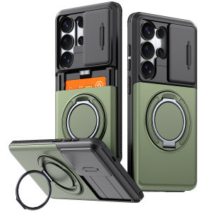 Wallet for Samsung Galaxy S22 S23 S24 S25 S26 Ultra Plus S24fe S25fe S26fe Case with Card Holder Slide Camera Lens Cover 360° Magnetic Stand Hard PC Back TPU Frame Phone Cover for Samsung Galaxy S26 Ultra