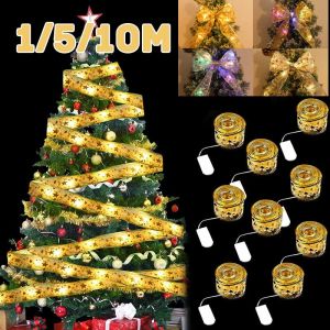 【QERAL】COD ตกแต่งคริสต์มาสไฟ Led ริบบิ้นเครื่องประดับต้นคริสต์มาส Diy ลูกไม้โบว์ไฟสตริง 5/10m ริบบิ้นไฟ LED ไฟคริสมาส