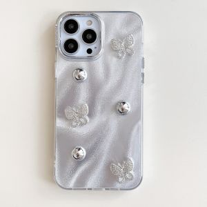 เคสโทรศัพท์ IMD รูปผีเสื้อ3D กรอบโลหะสีเงินพร้อมสร้อยข้อมือสำหรับ iPhone 11 12 13 14 15 16ซีรีส์