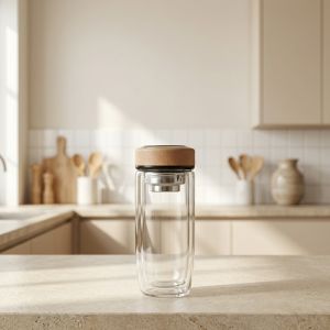 Bình giữ nhiệt Thủy Tinh Hai Lớp Kèm Lõi Lọc Ngắn Nắp Inox Phối Da Đựng Thức Uống - 500ml [ BGN005 ]