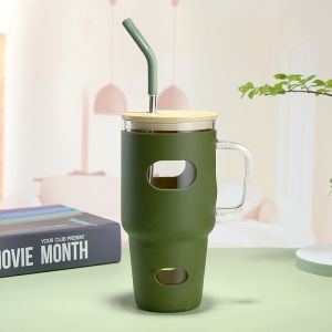 32oz大容量玻璃汽车杯 - 高硼硅竹盖吸管杯硅胶防烫  32oz Glass Car Cup - High Borosilicate Bamboo Lid Straw Silicone Sleeve