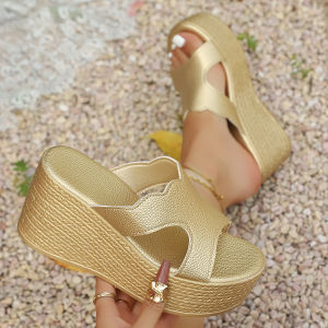 [Free Shipping] 2026 New Style Wedge Heel Platform Sandals For Women Gold Glitter Fish Mouth Beach Shoes For Outdoor Wear