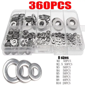 360pcs Stainless Steel Flat Gasket Kit Combination Box Flat Gasket Electrical Gasket Suitable for Home Appliance Decoration Tools