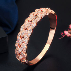 SEQUITO Dubai Fashion Women Jewelry Full Micro Pave Tiny Bling AAA Cubic Zirconia Gold Rose Silver Plated Open Cuff Bangle Tennis Bracelet for Prom Party B172