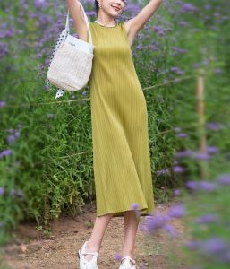 ✆♠ Aiden001 7020 Average Size Sleeveless Dress Summer Suit Womens Bottom Skirt Slim Fit Pleated New Arrival To Ankle Long Dress Sundress