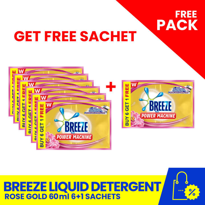 BREEZE Liquid Detergent with Rose Gold 60ml 6+1 Sachets, laundry powder, fabric conditioner
