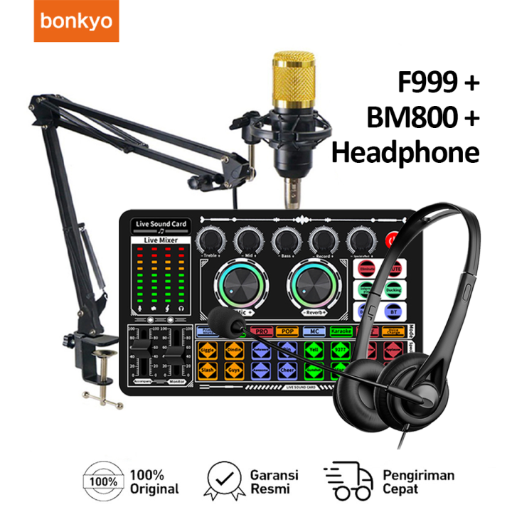 Bonkyo Set baru F999+BM800 Live Sound Card Live Mixer Periferal Komputer Untuk Audio Kartu Suara Karaoke Langsung HP PC Mac Soundcard Alat Laptop