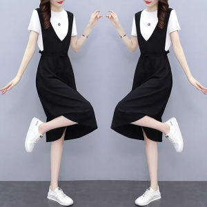 Womens Dresses korean temperament loose mid-length style fake two-piece strap dress women formal casual