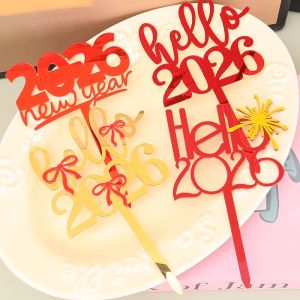 Happy New Year Cake Decoration 2026 Christmas Cake Decoration Plugin DIY Gold Red Acrylic Cake Topper Xmas Theme Party Supplies