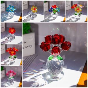 MMLUCK Handcraft Crystal Flower Statue Clear Base Ornament Mini Glass Flower Sculpture Lovely Rose Tulip Simulation Flowers Collectible Anniversary