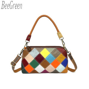 BeeGreen Women Colorful Checkboard Shoulder Bag Genuine Leather Underarm Bag Casual Handbag Versatile Sling Bag