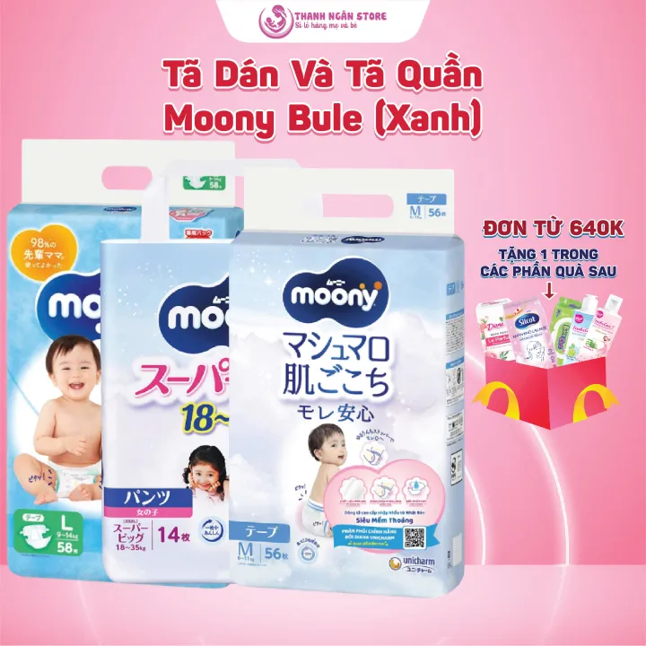Tã Quần / Tã Dán Moony Blue Đủ Size Từ 2 Kg Đến 30 Kg - Boys Và Girl - Bỉm Moony Xanh Chính Hãng Unicharm
